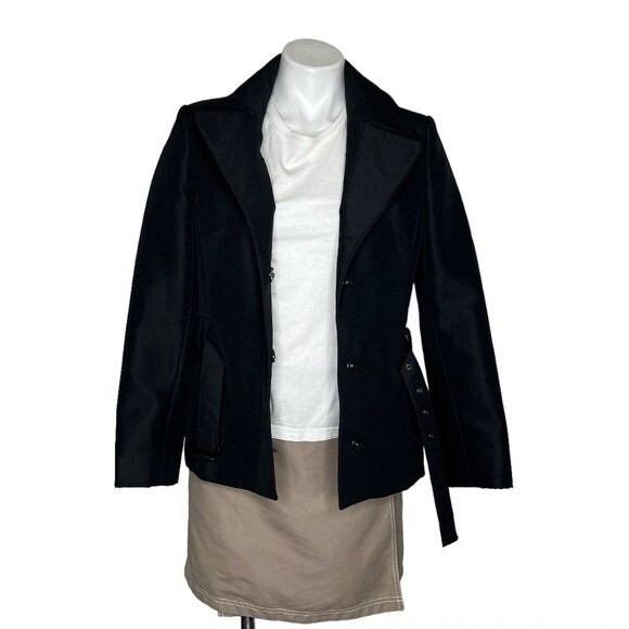 BENETTON Black Jacket Blazer Belted Snap Closure Lined Oversized Collar Size 44 - Picture 3 of 15